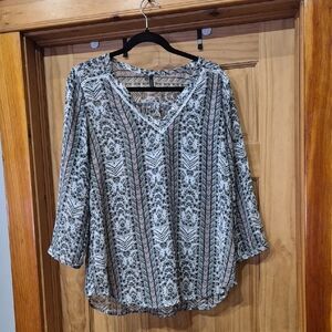 Maurices Black and Pink Patterned V-Neck Blouse